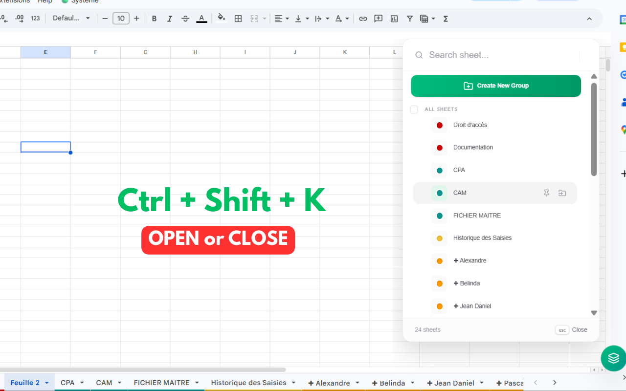 Sheets Organizer sidebar extension being opened with a keyboard shortcut
